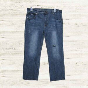 Rustic Blue.Sz 38x30 Mens jeans distressed dk blue denim boot cut